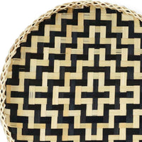 13" Black And Natural Round Wicker Geometric Handmade Tray With Handles
