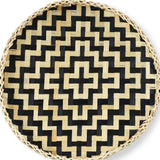13" Black And Natural Round Wicker Geometric Handmade Tray With Handles