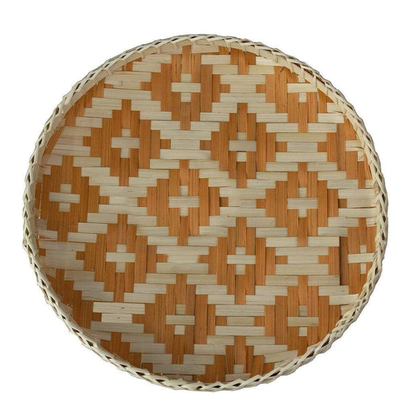 13" Orange and Natural Round Wicker Geometric Handmade Basket Tray