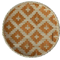 13" Orange and Natural Round Wicker Geometric Handmade Basket Tray