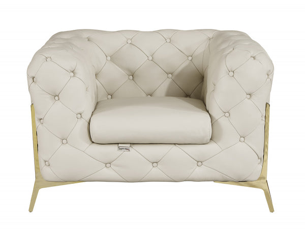 Glam Beige and Gold Tufted Leather Armchair