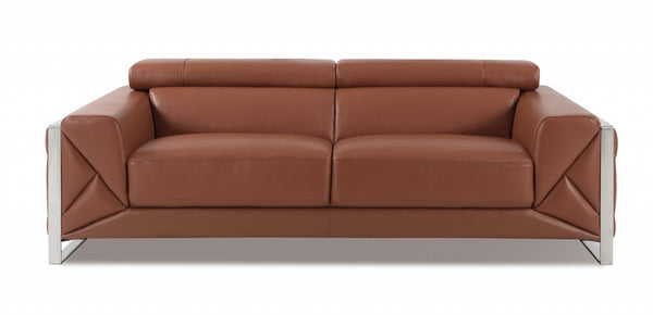 89" Camel Brown and Chrome Genuine Leather Standard Sofa