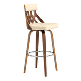 26" Cream Faux Leather Curved Back Walnut Wood Swivel Bar Stool