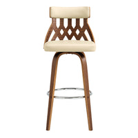 26" Cream Faux Leather Curved Back Walnut Wood Swivel Bar Stool