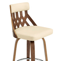 26" Cream Faux Leather Curved Back Walnut Wood Swivel Bar Stool