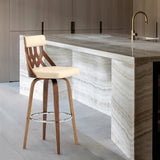 26" Brown Faux Leather Curved Back Walnut Wood Swivel Bar Stool