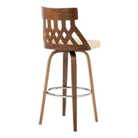 26" Brown Faux Leather Curved Back Walnut Wood Swivel Bar Stool