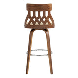 26" Brown Faux Leather Curved Back Walnut Wood Swivel Bar Stool