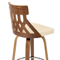 26" Brown Faux Leather Curved Back Walnut Wood Swivel Bar Stool