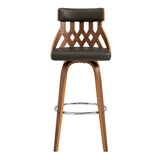 26" Brown Faux Leather Curved Back Walnut Wood Swivel Bar Stool