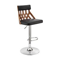 Adjustable Black Faux Leather and Walnut Lattice Bar Stool