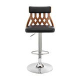 Adjustable Black Faux Leather and Walnut Lattice Bar Stool