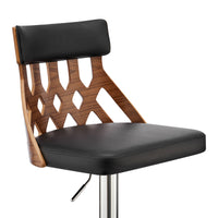 Adjustable Black Faux Leather and Walnut Lattice Bar Stool