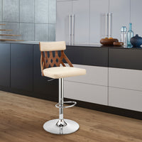 Adjustable Cream Faux Leather and Walnut Lattice Bar Stool