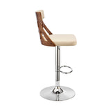 Adjustable Cream Faux Leather and Walnut Lattice Bar Stool