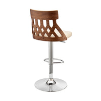 Adjustable Cream Faux Leather and Walnut Lattice Bar Stool