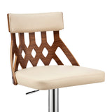 Adjustable Cream Faux Leather and Walnut Lattice Bar Stool