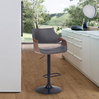 Grey Faux Leather Walnut Wood and Black Swivel Adjustable Bar Stool