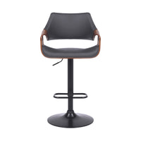 Grey Faux Leather Walnut Wood and Black Swivel Adjustable Bar Stool