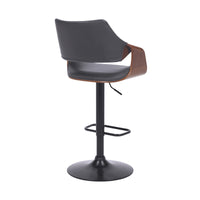 Grey Faux Leather Walnut Wood and Black Swivel Adjustable Bar Stool