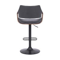 Grey Faux Leather Walnut Wood and Black Swivel Adjustable Bar Stool