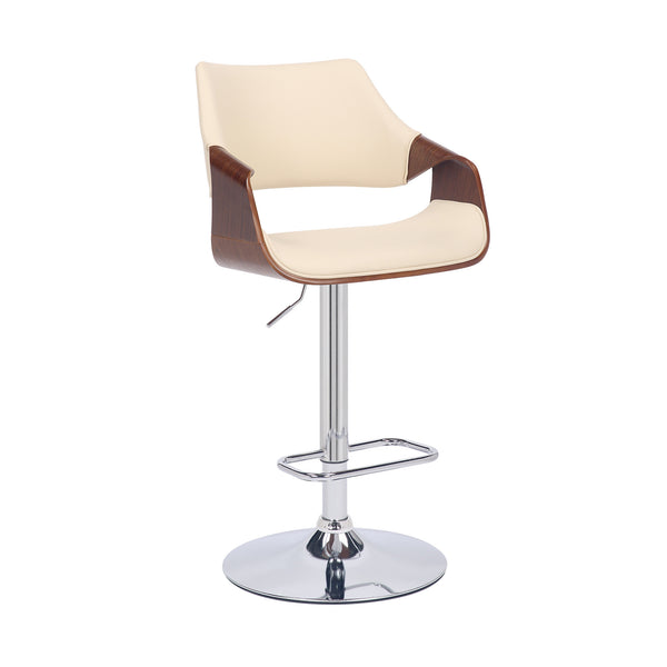 Cream Faux Leather and Walnut Wood and Chrome Swivel Adjustable Bar Stool