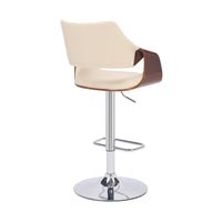 Cream Faux Leather and Walnut Wood and Chrome Swivel Adjustable Bar Stool