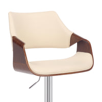 Cream Faux Leather and Walnut Wood and Chrome Swivel Adjustable Bar Stool