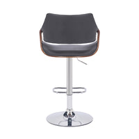 Grey Faux Leather and Walnut Wood and Chrome Swivel Adjustable Bar Stool