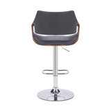 Grey Faux Leather and Walnut Wood and Chrome Swivel Adjustable Bar Stool