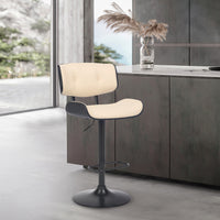 Adjustable Cream Tufted Faux Leather and Black Wood Swivel Barstool.