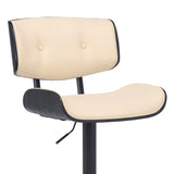 Adjustable Cream Tufted Faux Leather and Black Wood Swivel Barstool.