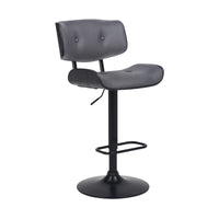 Adjustable Gray Tufted Faux Leather and Black Wood Swivel Barstool.