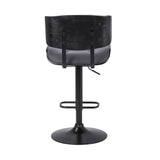 Adjustable Gray Tufted Faux Leather and Black Wood Swivel Barstool.