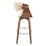 26" Cream Faux Leather and Walnut Wood Retro Chic Swivel Counter Stool