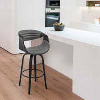 30" Grey Faux Leather and Black Wood Retro Chic Bar Stool