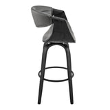 30" Grey Faux Leather and Black Wood Retro Chic Bar Stool