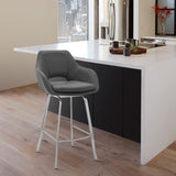 26" Gray on Stainless Faux Leather Comfy Swivel Counter Stool