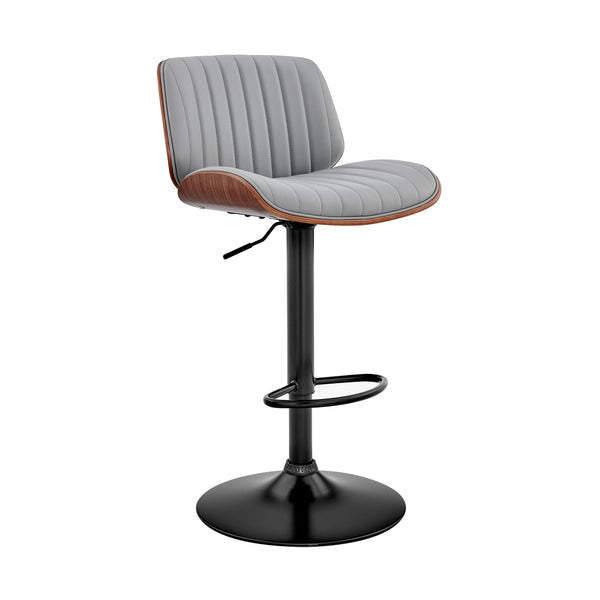 Adjustable Gray Faux Leather Black Steel and Walnut Bar Stool