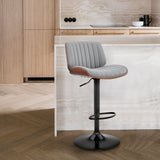 Adjustable Gray Faux Leather Black Steel and Walnut Bar Stool