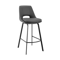 26" Elegant Grey Faux Leather and Black Metal Armless Swivel Counter Stool