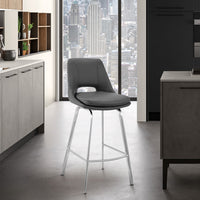 26" Elegant Grey Faux Leather Counter Stool with Stainless Steel Frame