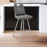 26" Grey Faux Leather and Brushed Stainless Steel Counter Stool