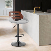 Gray Faux Leather and Walnut Wood Adjustable Bar Stool