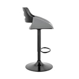 Gray Faux Leather & Black Wood Adjustable Bar Stool