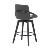 26" Luxurious Grey Faux Leather and Black Wood Swivel Bar Stool