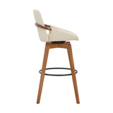 30" Luxurious Cream Faux Leather and Walnut Swivel Bar Stool