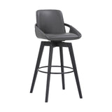 30" Luxurious Grey Faux Leather and Black Wood Swivel Bar Stool