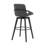 30" Luxurious Grey Faux Leather and Black Wood Swivel Bar Stool