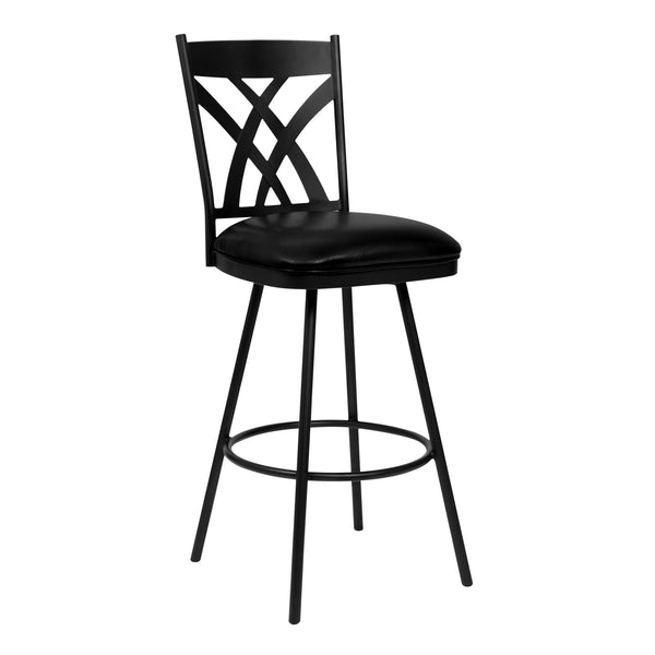 26" Stylish Black Faux Leather Black Metal Lattice Back Swivel Bar Stool